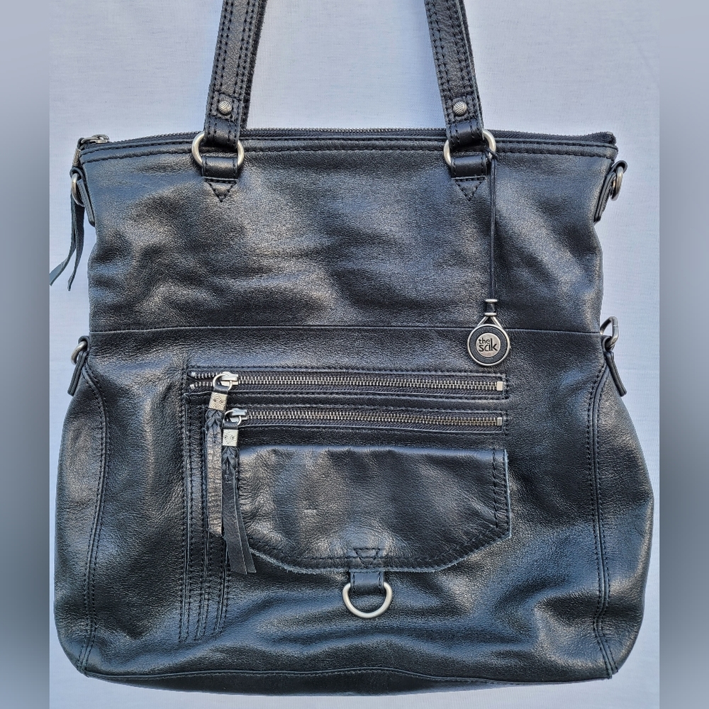 THE SAK Black Leather Purse Tote Shoulder Bag Satchel Zipper Pre-owned